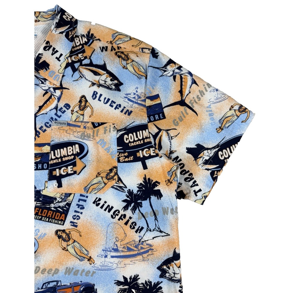 Columbia Sportswear Men's Fishing Print Button Up Shirt Large Blue Hawaiian